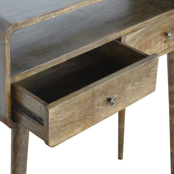 Wyld Haus Trapani Curved Grey Washed Mango Wood Console Table 2 Drawers Open Shelf