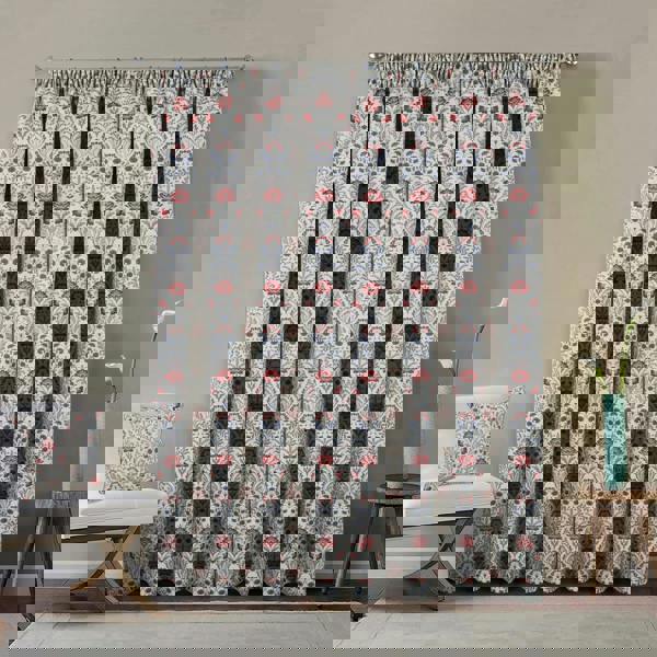 Enhanced Living Red 100% Blackout Floral Thermal Pair of Curtains Tape Top Header Curtains for Living Rooms and Bedrooms