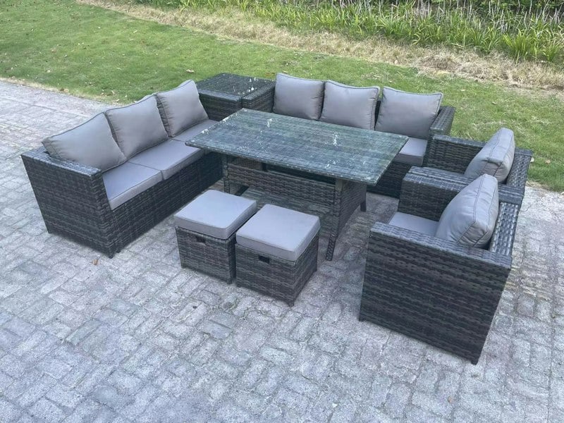 Fimous 10-Seater Dark Grey Rattan Outdoor Lounge Set | Rectangular Dining Table, 2 Armchairs, 2 Footstools, Side Table