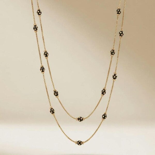 The Colourful Aura Gold Plated Double Layer Black Dotted Bead Necklace 18 Inch