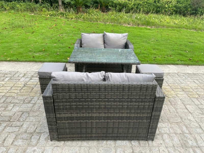 Fimous Rattan Garden Furniture Set 2 Seater Curved Arm Double Love Sofa Sofa Oblong Dining Table
