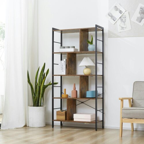 Wyld Haus Nofaluno Metal And Wood Rustic Brown And Black 5 Tier Industrial OFauxn Shelf Bookcase