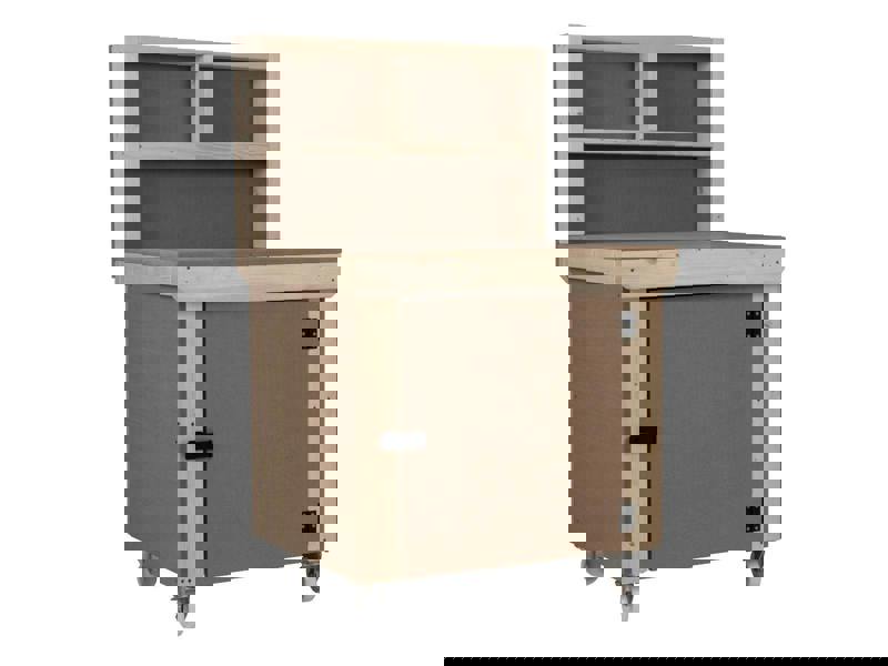 Arbor Garden Solutions Wooden MDF Top Workbench With Lockable Cupboard (V.9) with back panel, double shelf and wheels