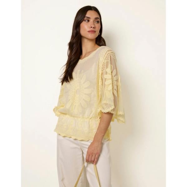 Blue Vanilla Sun Flower Lace Sleeve Blouse - Light Yellow