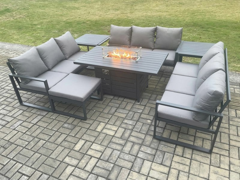 Fimous Aluminium 10 Seater Garden Furniture Outdoor Set Patio Lounge Sofa Gas Fire Pit Dining Table Set with Big Footstool 2 Side Tables Dark Grey