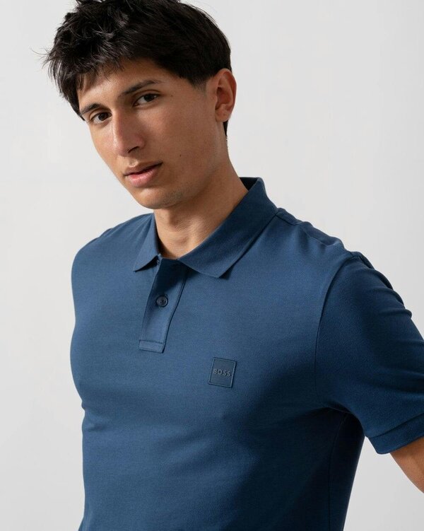 BOSS Orange Passenger Mens Stretch-Cotton Slim-Fit Polo Shirt with Logo Patch - Open Blue 466