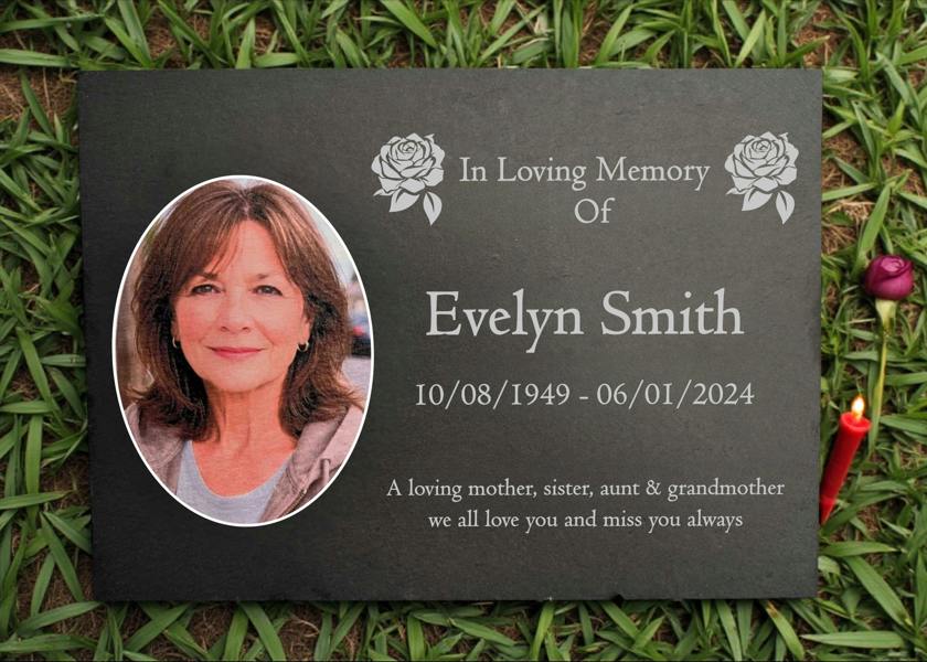 Memorials Direct Photo Slate Memorial Plaque, Roses, Add a Portrait & Personalised Text | 35×25cm (14×10”)