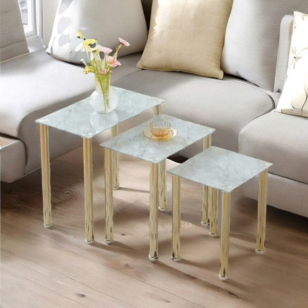 Rafaelo Mobilia Set Of 3 Glass Marble Nesting Tables Silver