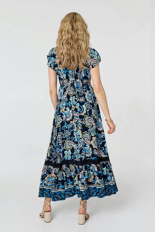 Blue | Floral Lace Trim Cap Sleeved Maxi Dress
