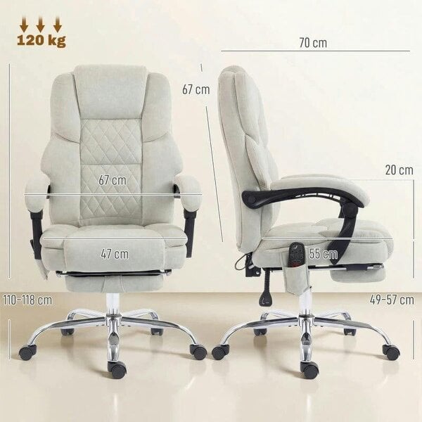Office Chair with 6-point Vibration Massage and Heat, Fabric Desk Chair with Footrest, High Back, Cream White