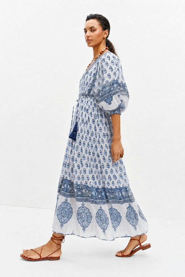 AMELIA FLOATY SLEEVE WOODBLOCK PRINTED COTTON VOILE DRESS