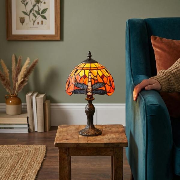 Hand Crafted Orange and Amber Stained Glass Dragonfly Tiffany Lamp Image 6