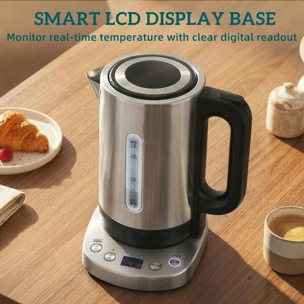 Electric Kettle, 1.7L, Fast Boil, 3kW Water Kettle with UK Strix Thermostat, Keep Warm Function, LCD Base, Silver Tone