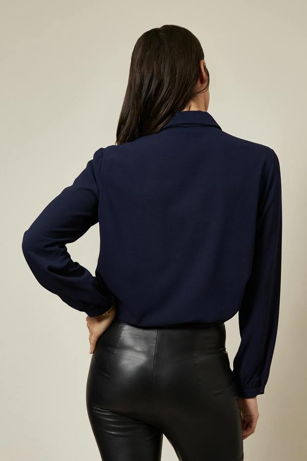 Hoxton Gal Tie Neck Oversized Top In Navy
