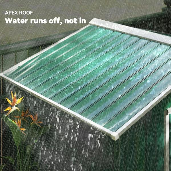 Green metal shed roof with apex design and sloped panels for rain runoff
