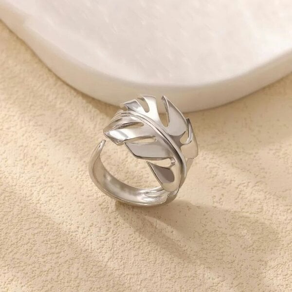 The Colourful Aura Tropical Monstera Plant Leaf Open Statement Gold/SIlver Ring - Silver - Silver