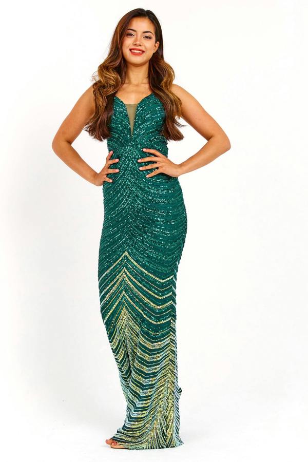 LuvForever Emerald & Gold Two Tone Chevron Detail Maxi Dress