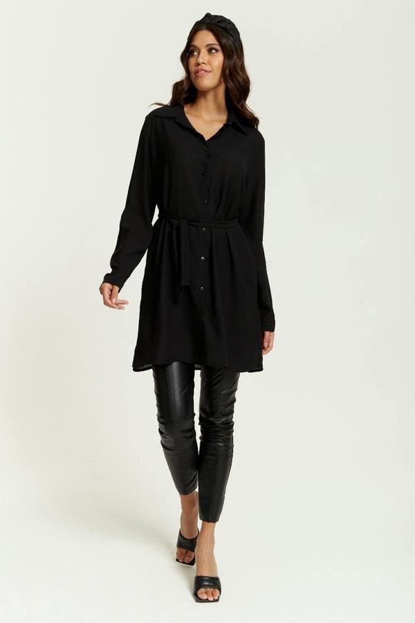 Hoxton Gal Oversized Belt Detailed Shirt Tunic with Long Sleeves in Black
