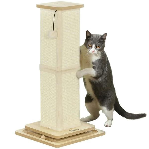 Beige cat scratching post with square base and top platform, oak-toned board