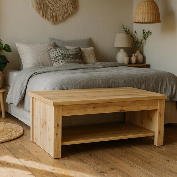 Wyld Haus Brimble Artisan Oak Wood Rising Coffee Table Bottom Shelf