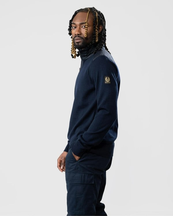 Belstaff Kilmington Mens Merino Wool Quarter Zip Jumper - Dark Ink