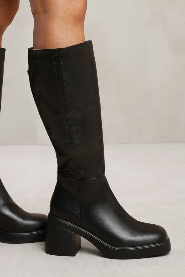 Where's That From Maddie Below Knee Boot With Chunky Heel in Black Faux Leather