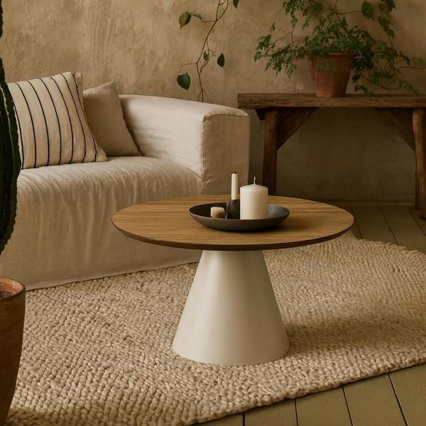 Wyld Haus Hamburg Round Oak Veneer Coffee Table Pillar Steel Base