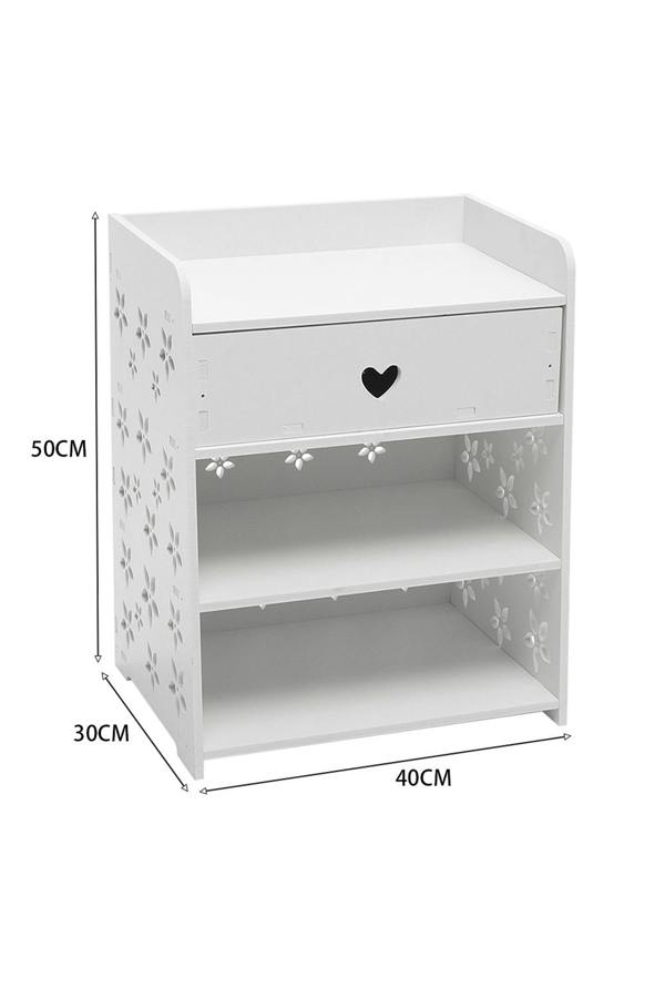 Living and Home 4-tier Hollow Carved Flower Pattern Wooden Side Table Nightstand with Drawer for Bedroom White