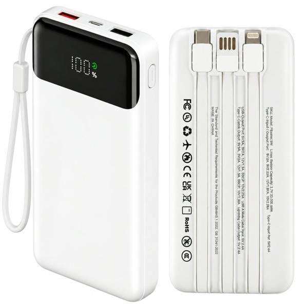 ATEK 10000mAh Portable Power Bank Built-In USB-C Lightning Cables LED Display White