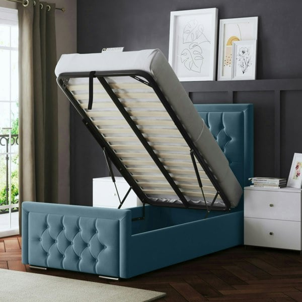 DS Living Allegra Ottoman Bed with Upholstered Headboard - Blue - Small Double / 4ft