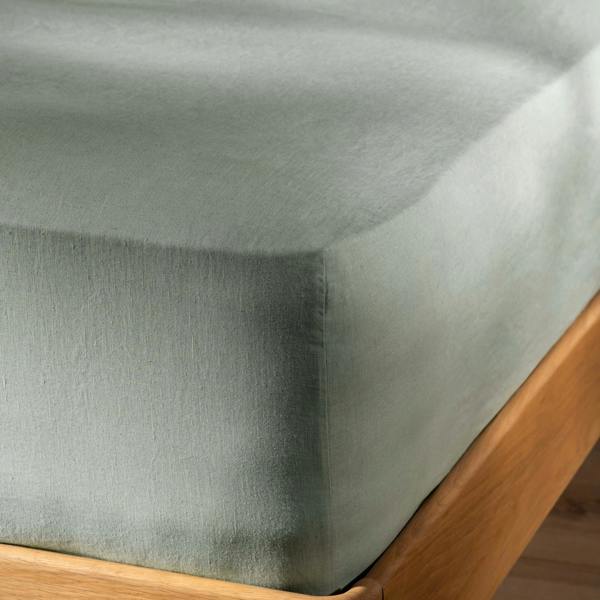 Misty Green French Linen Bedding and Bed Sheets - breathable, close-up detail 7 | Soak and Sleep