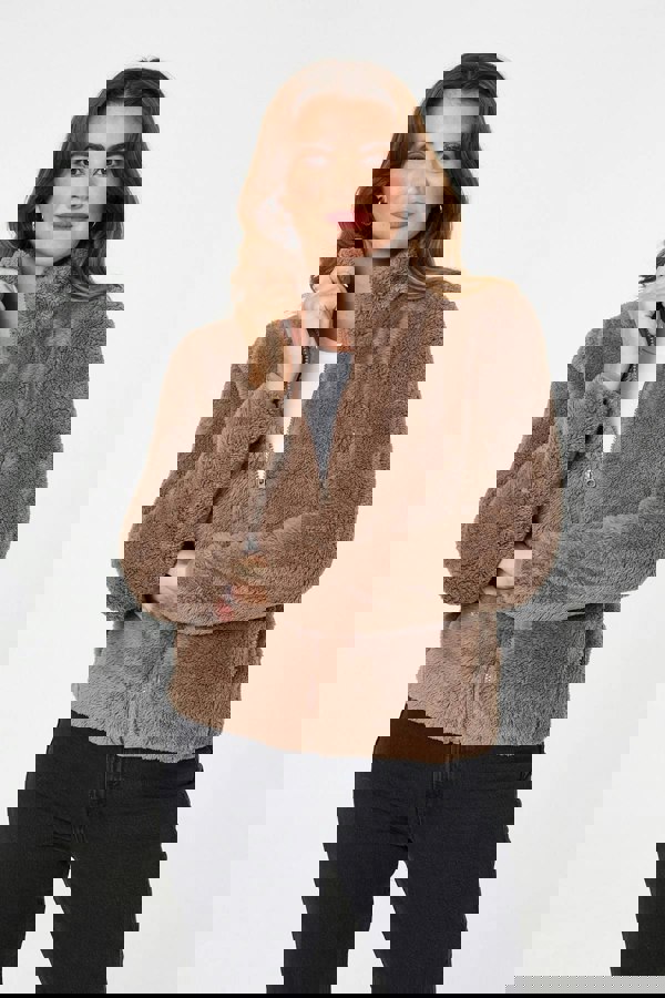 Khaki | Soft Texture Zip Front High Neck Fleece
