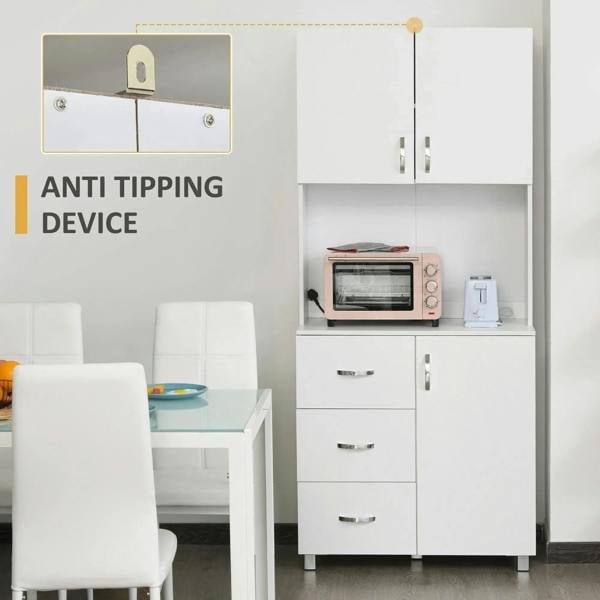 White kitchen cupboard with anti-tipping device and open shelving above drawers