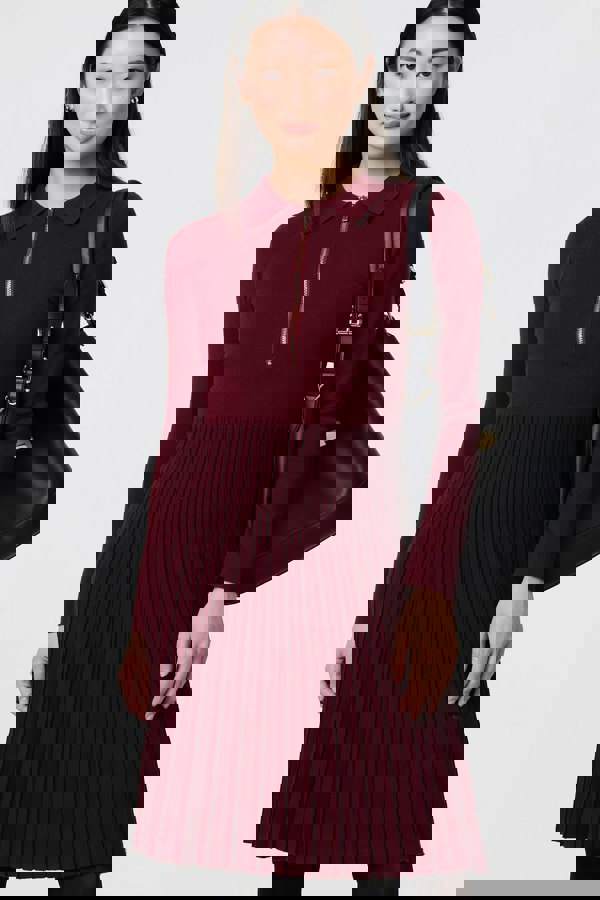 Red | Zip Collar Pleated Knit Dress
