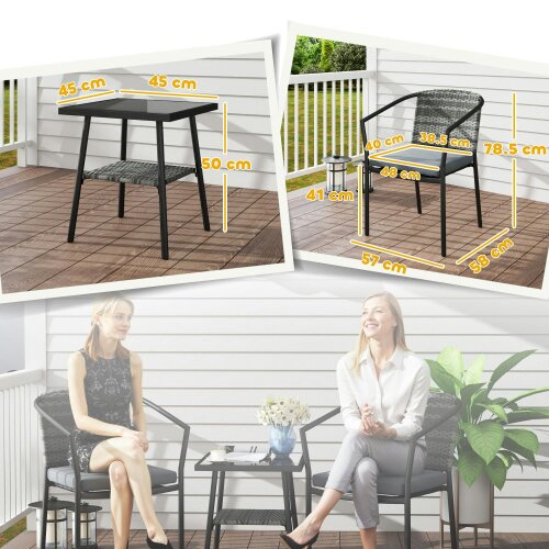 Wyld Haus Midi Grey Rattan 3 Piece Bistro Set With Cushions And Glass Coffee Table