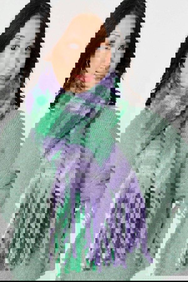 Purple | Checked Print Oversized Fringed Scarf
