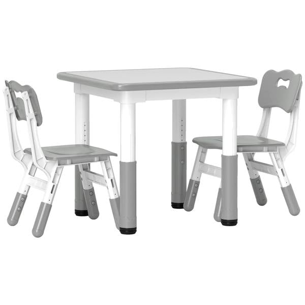 Grey height-adjustable toddler table and two chairs, rectangular tabletop with four leveling legs