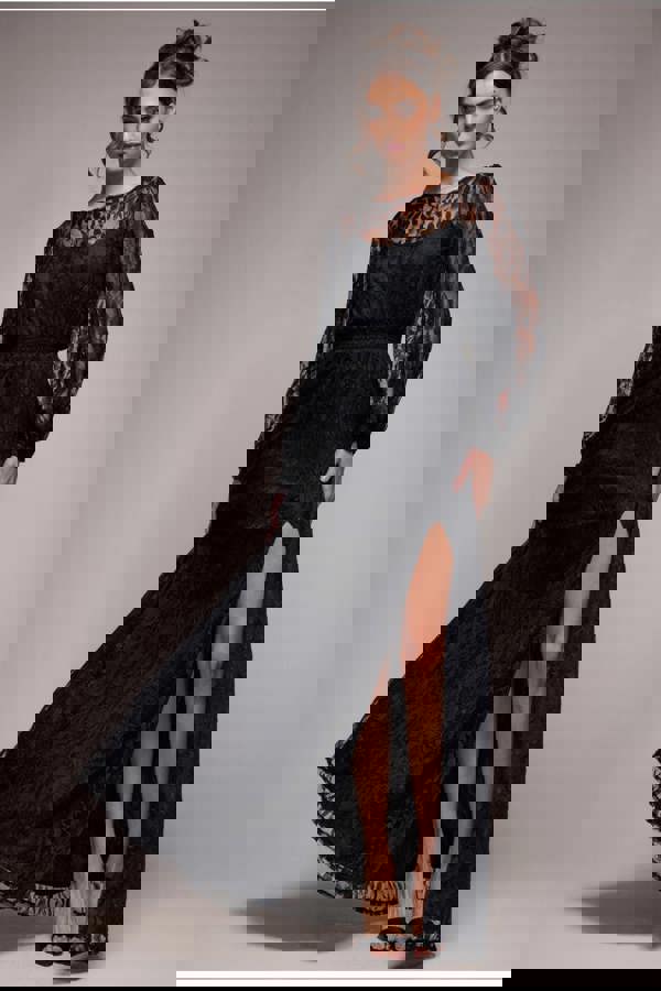 Lace Long Sleeve Shirred Waist Maxi Dress - Black DR4805