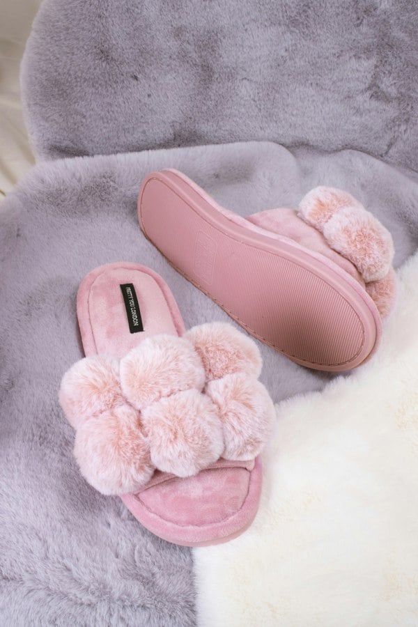 Pretty You London Women's Dolly Pom Pom Slippers in Pink