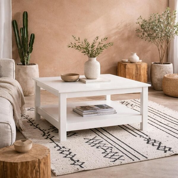 Wyld Haus Gossmere White Wooden Square Coffee Table Bottom Shelf
