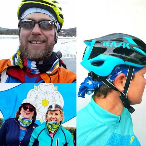 a photo montage of men and women cyclists wearing their ruffnek scarves as either a neck warmer and or under their cycle helmets. World Cycling Champion Multi Scarf – a versatile, breathable accessory for UK cyclists. Perfect for rides in all weather. #CyclingGear #UKCyclingStyle #CyclingGear, #BikeAccessories, #MultiScarf
