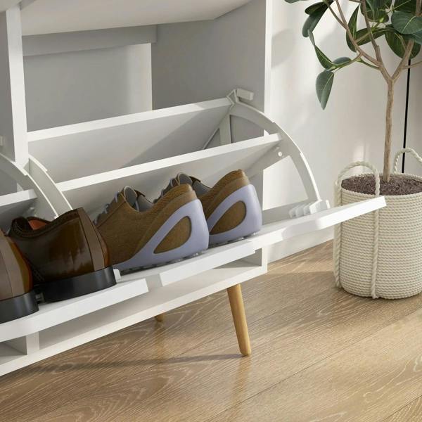 White shoe storage cabinet open interior with rows of shoes on shelves