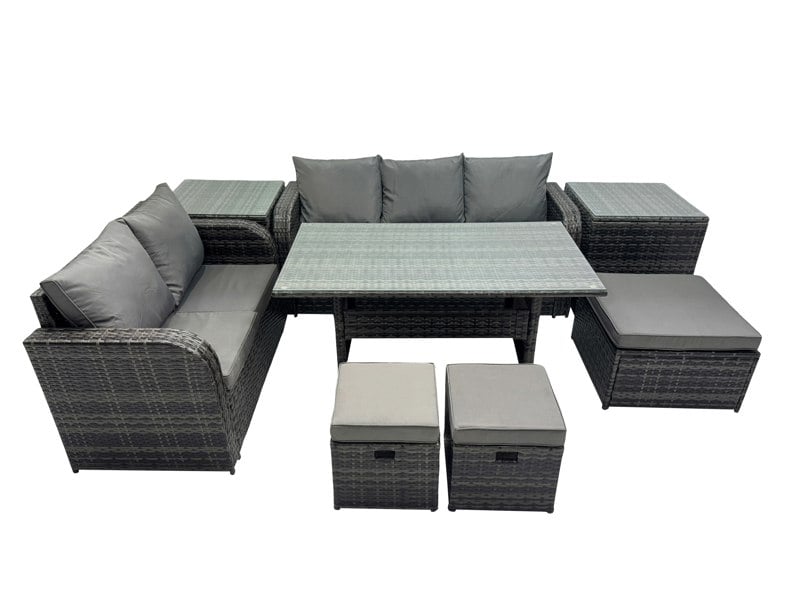 Fimous 8 Seat Outdoor Wicker PE Rattan Garden Furniture Set Dining Table Sofa Sets with 3 Stools 2 Side Tables Dark Grey Mixed