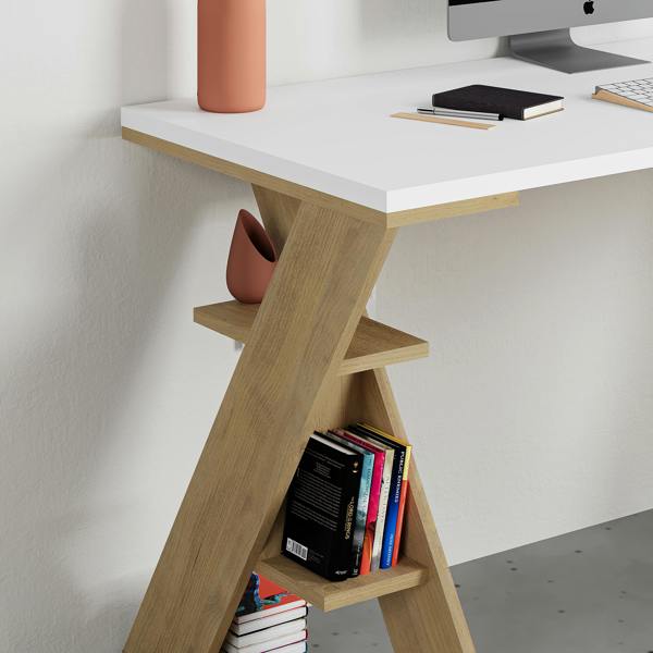 Decortie Papillon Desk with Bookshelf Storage Legs Modern Minimalist Workspace Desk 137x75x60 cm