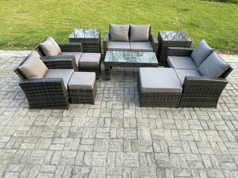 Fimous 9-Seater Dark Grey Mixed High Back Rattan Garden Furniture Set - Outdoor Patio Sofa with Coffee Table & Armchairs
