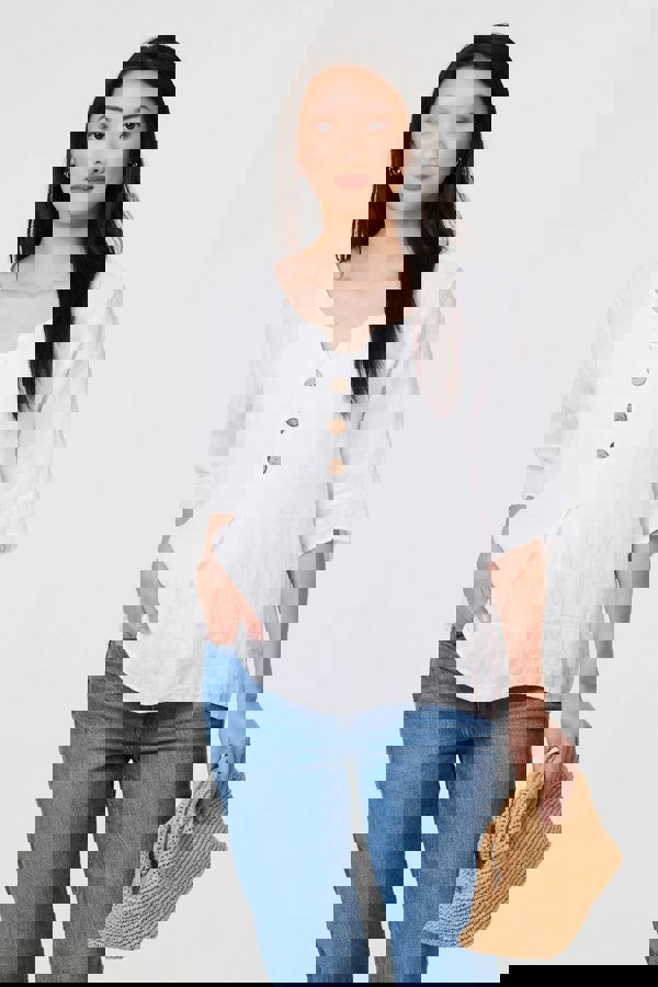 White | Button Detail 3/4 Sleeve Relaxed Blouse
