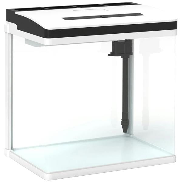 Clear glass aquarium tank with white base and built-in filter outlet pipe