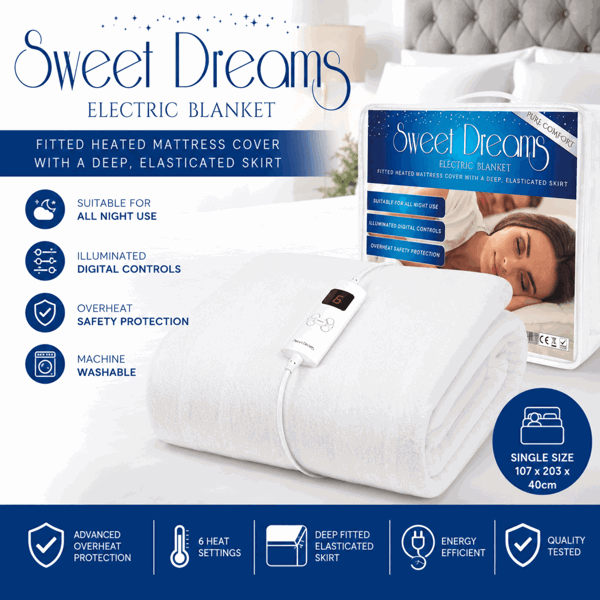 Sweet Dreams Electric Blanket Single Bed Size Machine Washable Elasticated Skirt - Overheat Protection