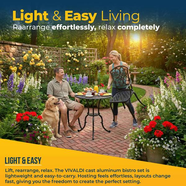 Homeology VIVALDI Black 3-Piece Cast Aluminium Garden Bistro Set - Round Table & 2 Generously Sized Chairs - for Patio, Balcony & Conservatory