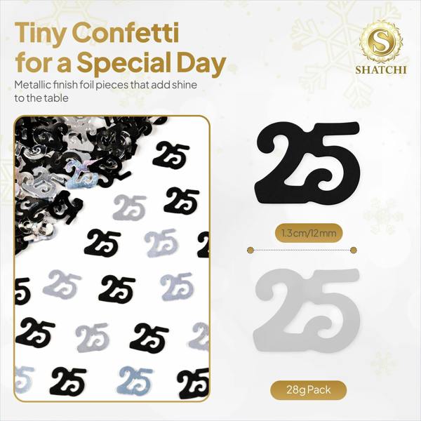 25th Birthday Metallic Confetti Table Decoration Set in Black and Silver, Party Pack Options image 1
